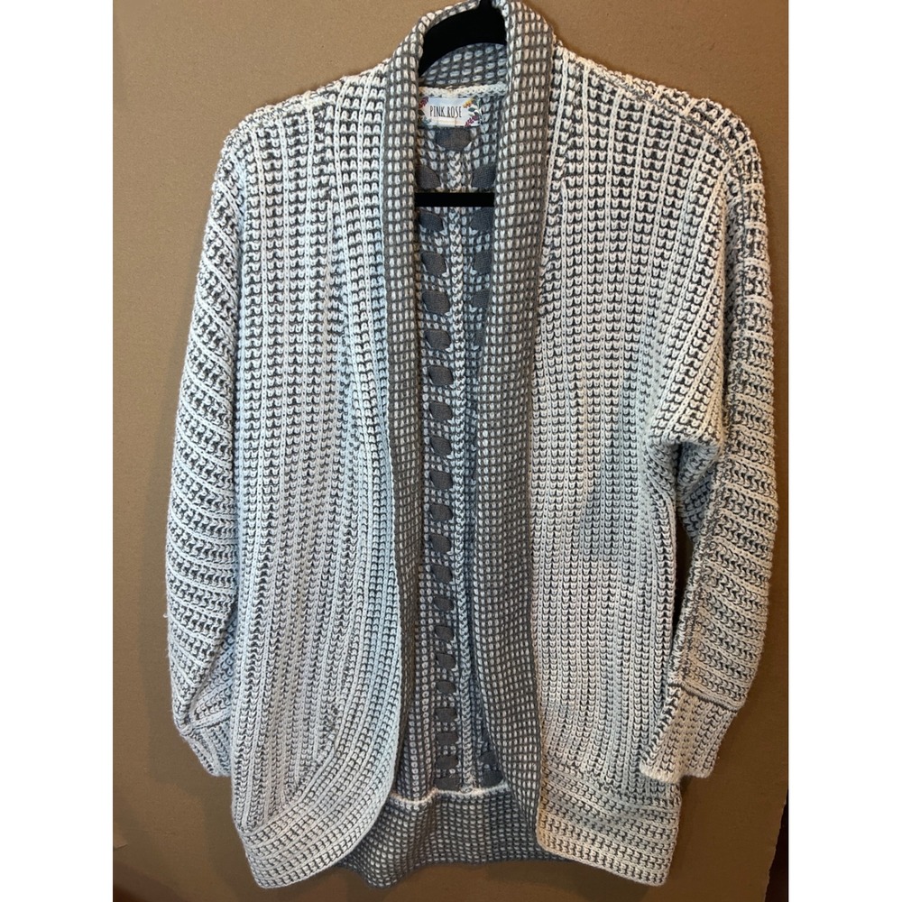 Pink Rose Cardigan Women Medium Grey White Excellent Waffle Knit Braided Back